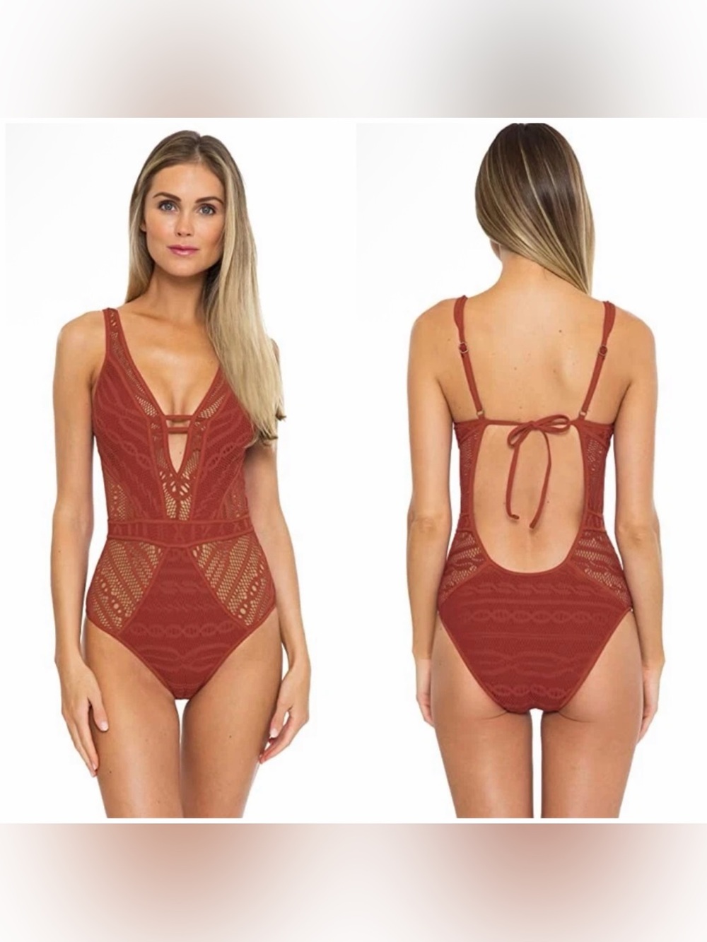 BECCA by Rebecca Virtue Crochet Show & Tell Plunge One-Piece in Agave Sz S